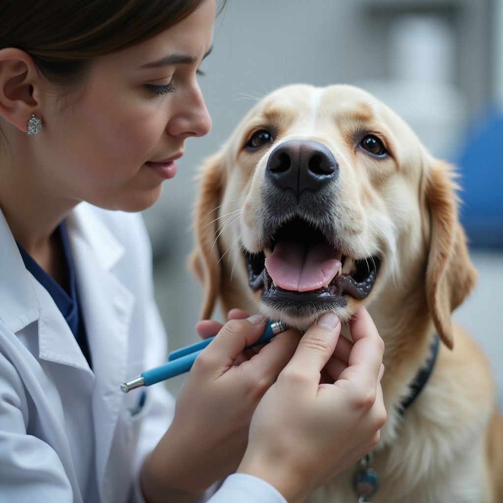 Veterinarian examining a golden Labrador's mouth with a pen in a veterinary clinic.