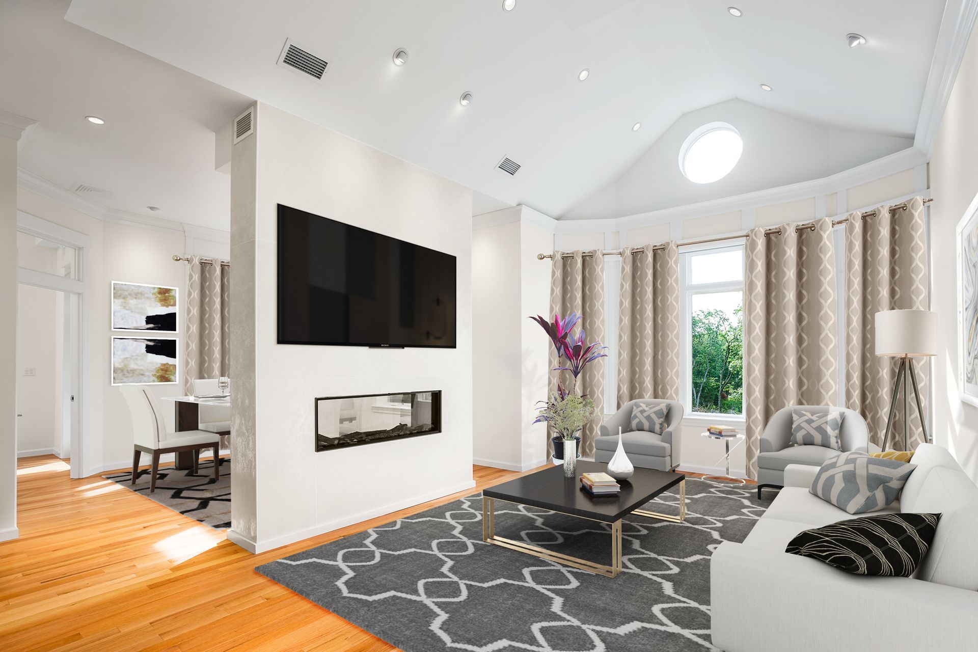 Modern living room with fireplace, TV, and seating area, with a dining area visible.