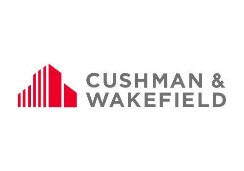 The logo for cushman & wakefield has a red building on it.