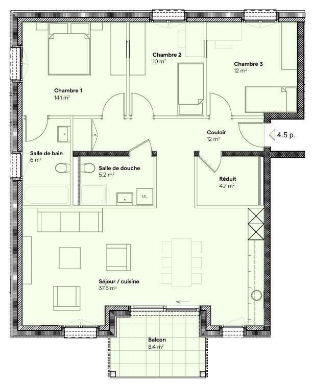 Grundriss eines Hauses mit Schlafzimmern, Badezimmer, Küche, Wohnzimmer und Garage.