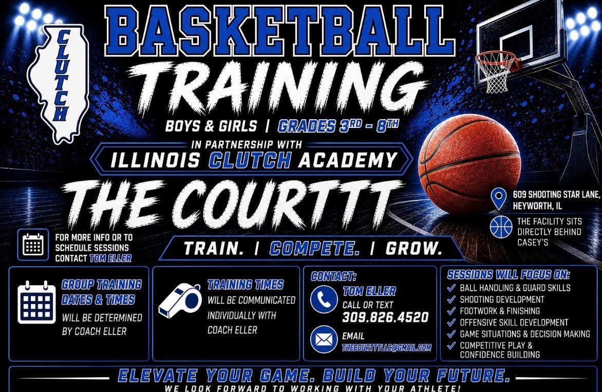 Basketball training flyer for Illinois, with bold blue text, court graphics, hoop, and basketball ball.