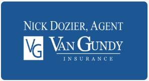 Blue Van Gundy Insurance logo with Nick Dozier, Agent text and VG monogram