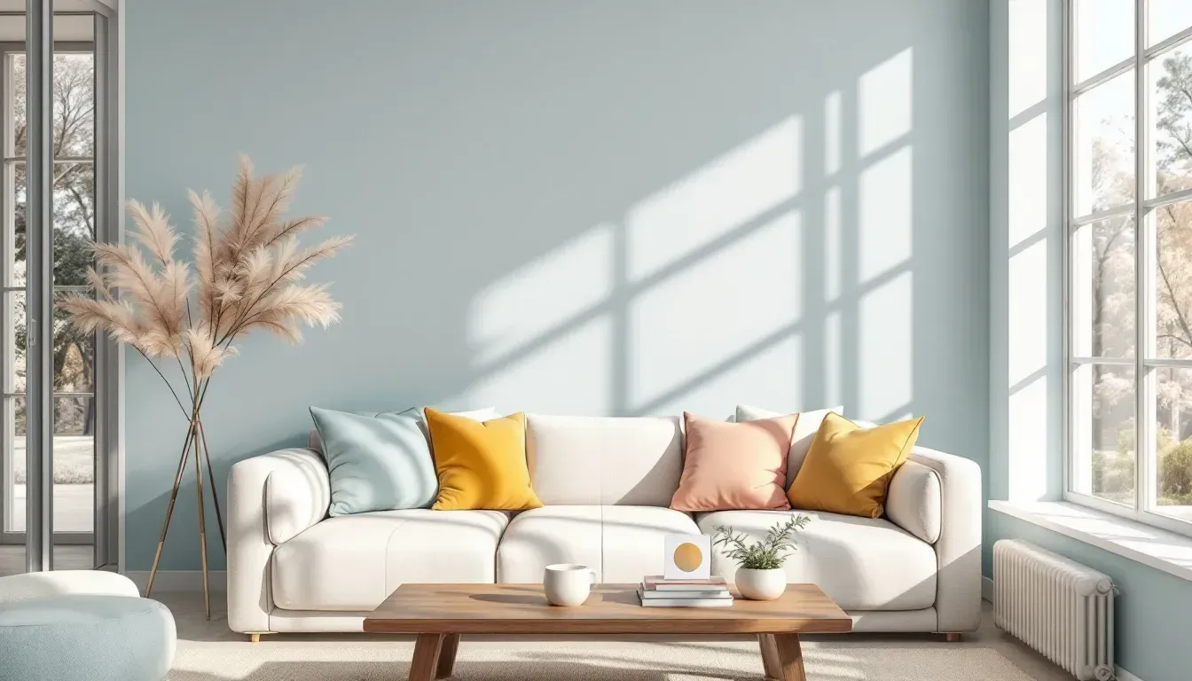 A living room with a white couch and a wooden coffee table.