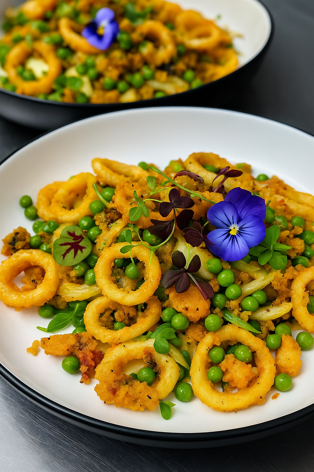 Pasta Face Calamari in Padella with sweet peas, garlic, chilli and Italian parsley