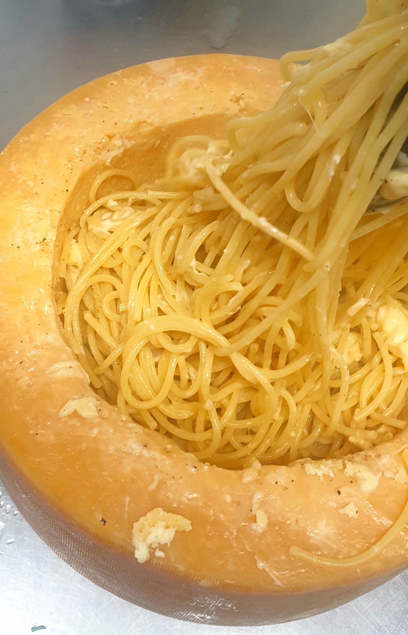 Historical Pasta Face spaghetti being finished inside a Parmesan cheese wheel