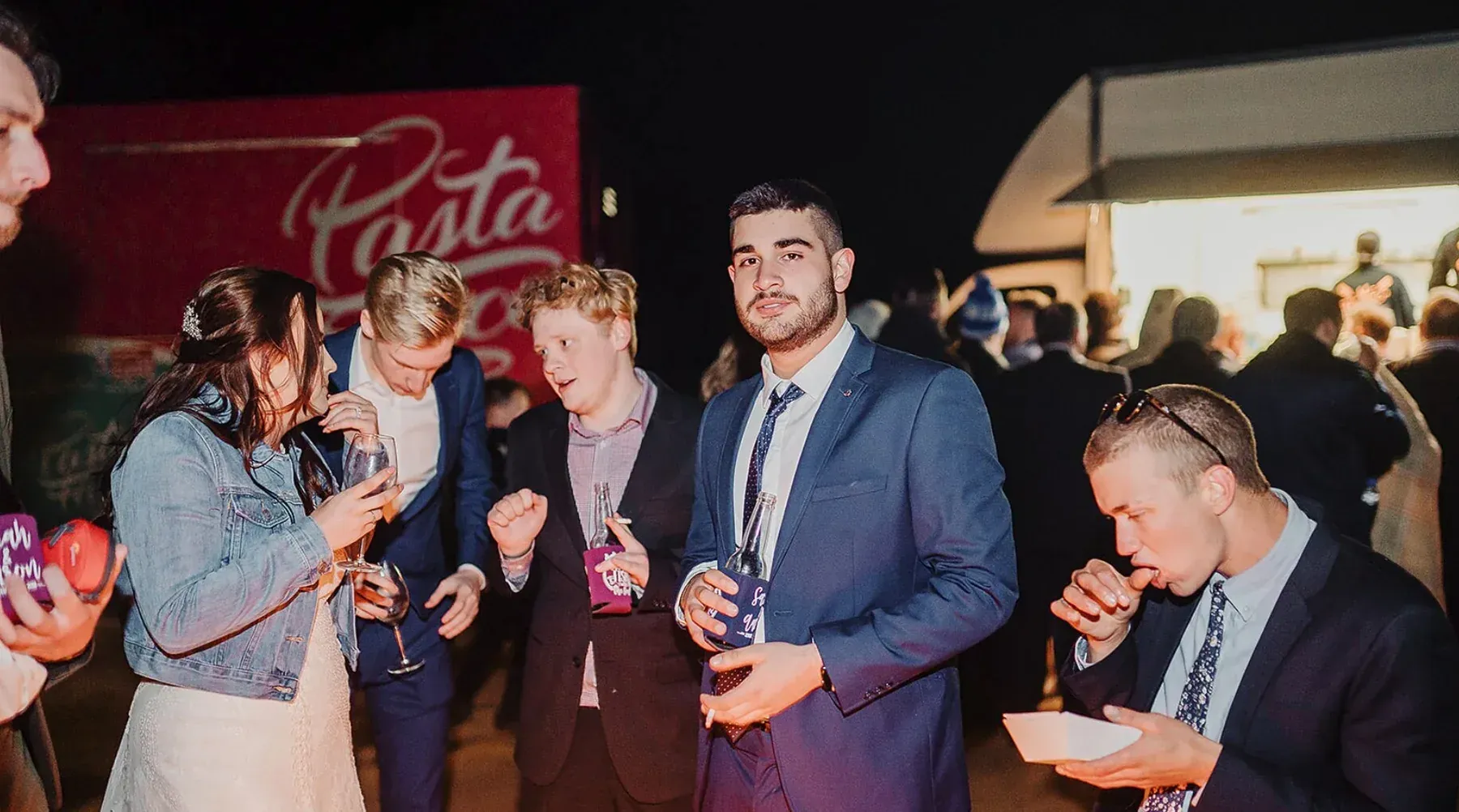 Guests enjoying Pasta Face food truck wedding catering at a regional Victorian reception