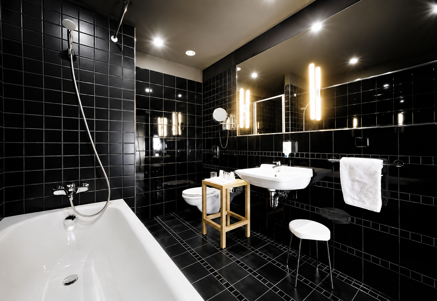 Bagno moderno con piastrelle nere, vasca bianca, lavabo, asciugamani e specchi a parete.