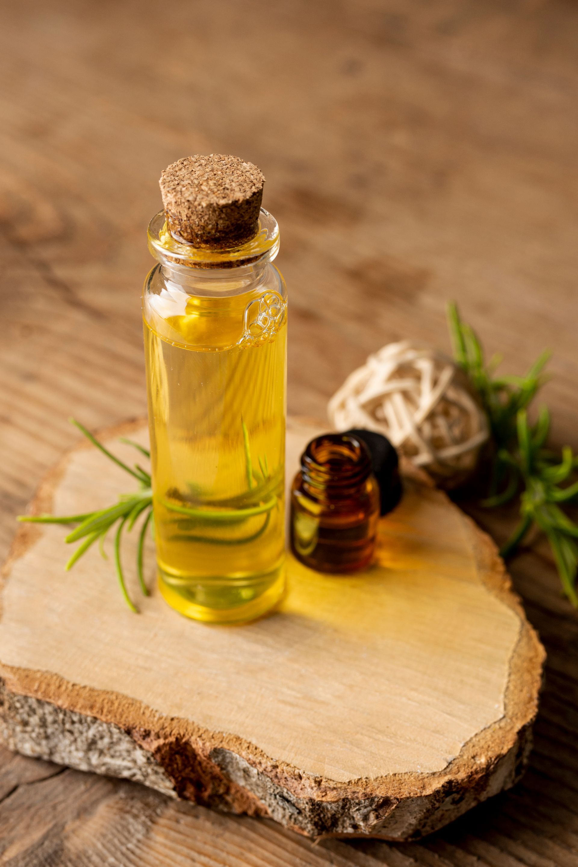 Une bouteille d'huile essentielle est posée sur un morceau de bois.