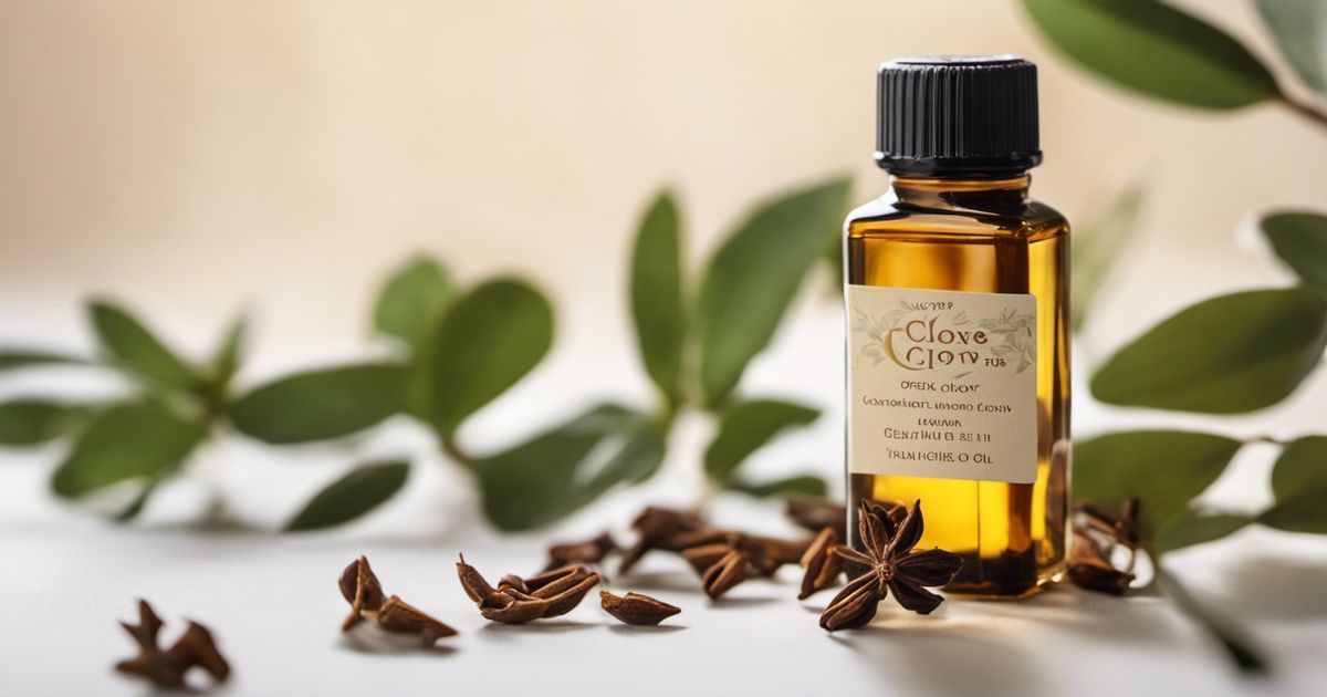 Une bouteille d'huile de clou de girofle est posée sur une table à côté de feuilles.