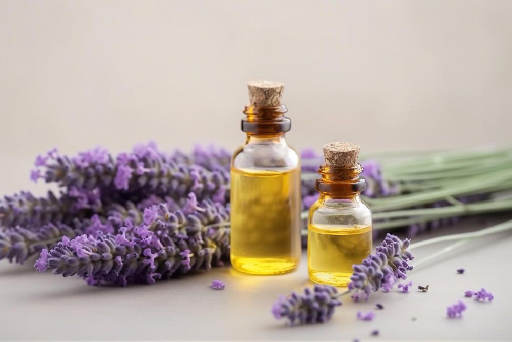 Il y a deux bouteilles d'huile essentielle à côté d'un bouquet de fleurs de lavande.