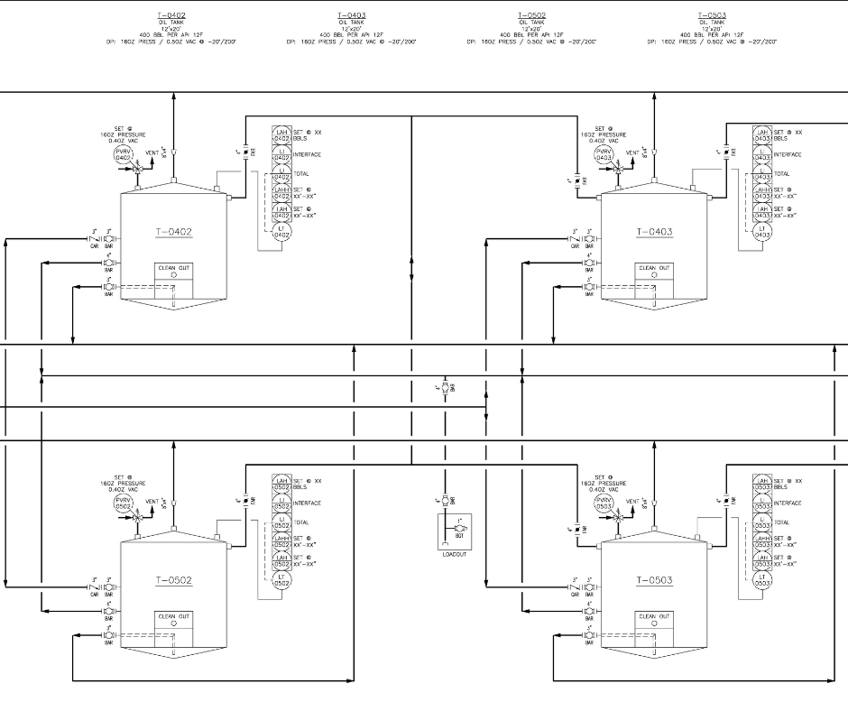 P&ID diagram showing four tanks (T-0402, T-0403, T-0502, T-0503) with associated piping, instrumentation, and control valves.