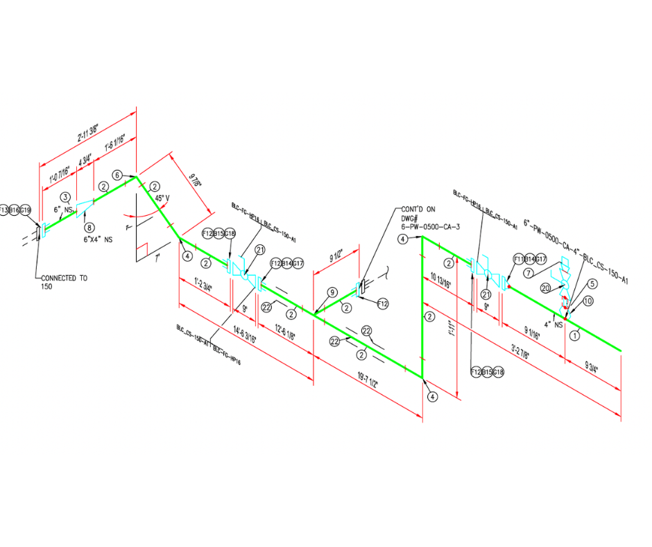An isometric piping diagram with dimensions, technical labels, and green pipe paths connecting various components.