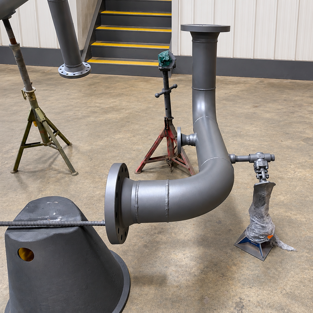 Gray metal pipe assembly on stands in an industrial setting, with valves and fittings.