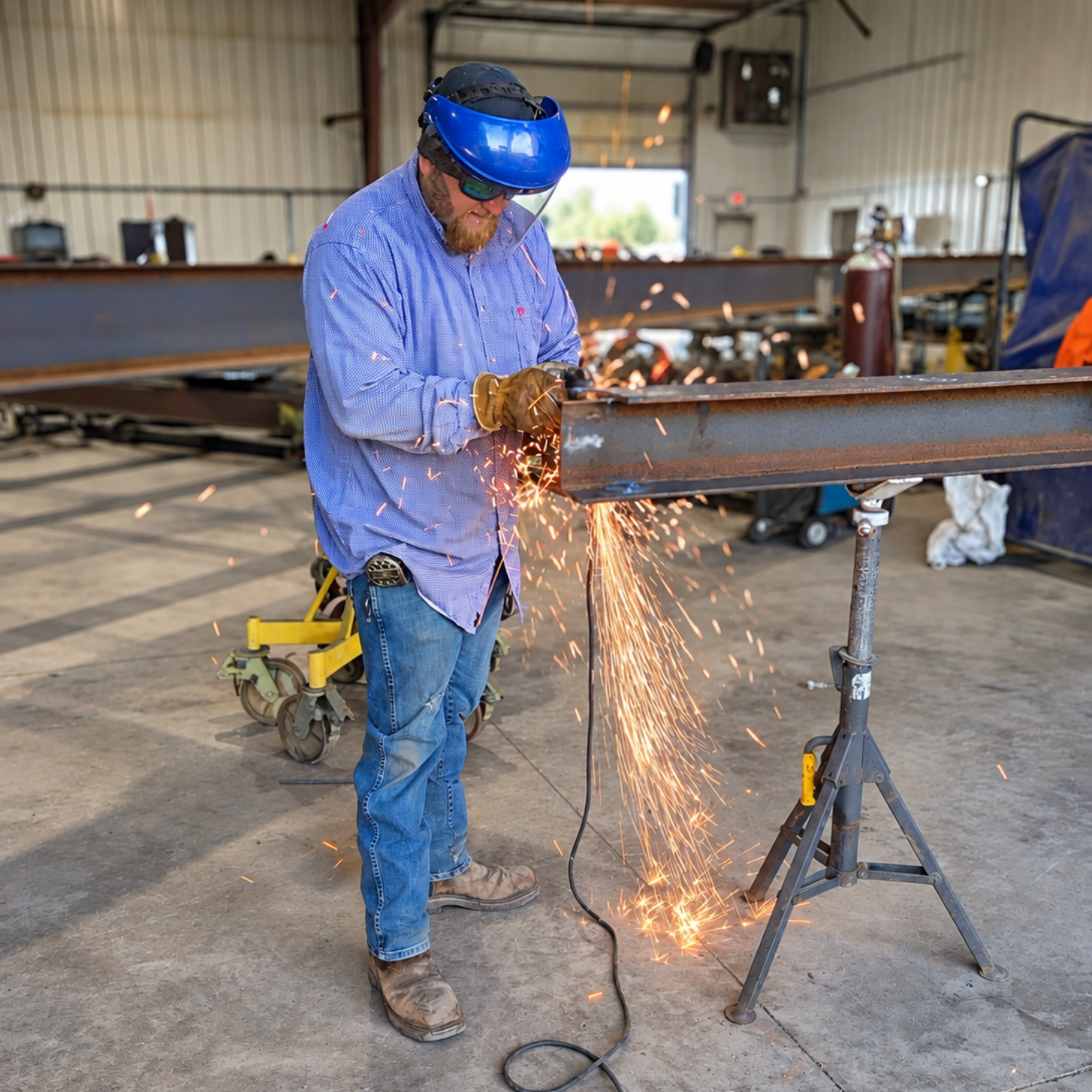 Worker in blue helmet grinding a metal beam indoors, sending sparks across the floor.