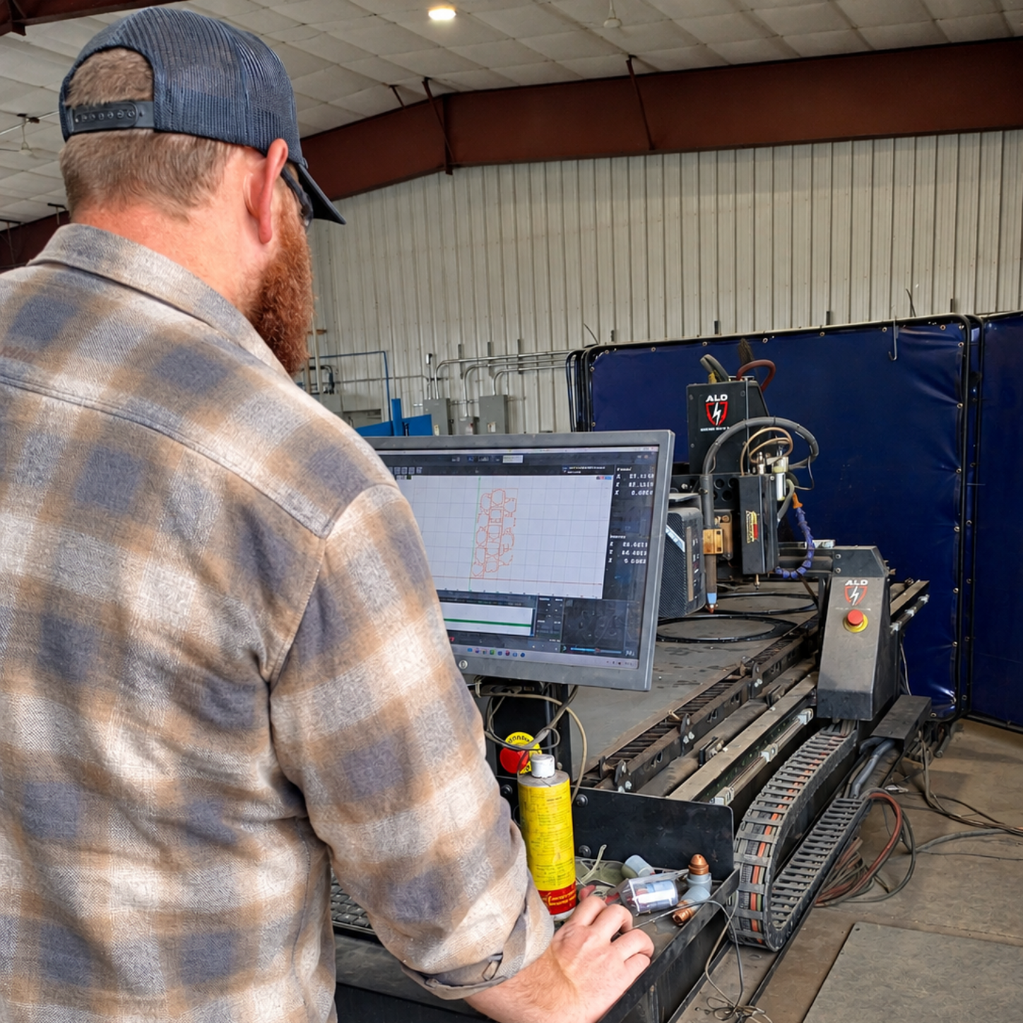 Man operating a CNC machine in an industrial workshop, facing a computer monitor.