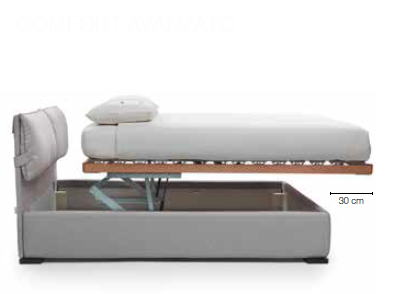 Il divano letto grigio, una volta sollevato, mostra un vano contenitore sottostante con uno spazio libero di 30 cm e una coperta piegata sullo schienale.