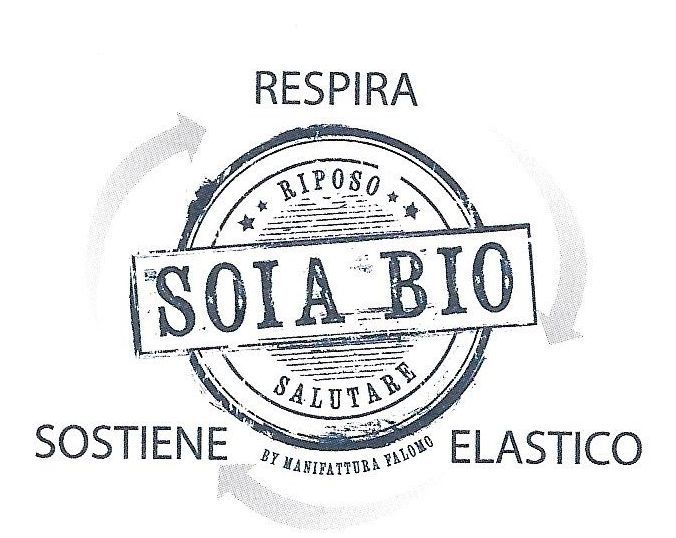 Logo circolare grigio e nero con testo “SOJA BIO”, “RESPIRA”, “SOSTIENE” ed “ELASTICO”.