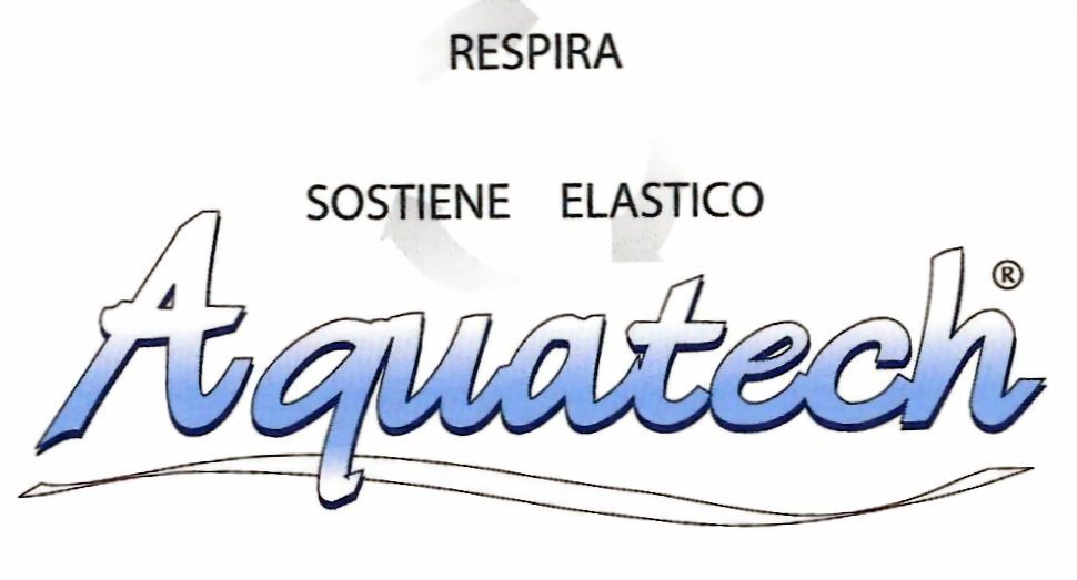 Logo con le parole “Respira, Sostiene, Elastico” sopra la parola blu stilizzata “Aquatech” e una sottolineatura a onda