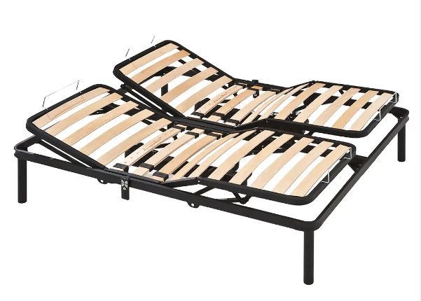Struttura letto pieghevole in metallo nero con base a doghe in legno, mostrata parzialmente sollevata.