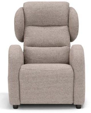 Poltrona reclinabile imbottita beige con schienale alto e braccioli imbottiti su sfondo bianco.