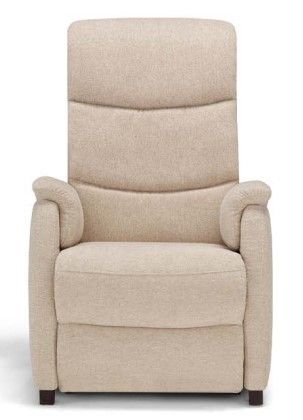 Poltrona reclinabile imbottita beige con braccioli imbottiti e schienale alto.