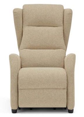 Poltrona reclinabile imbottita beige con schienale alto e braccioli imbottiti.