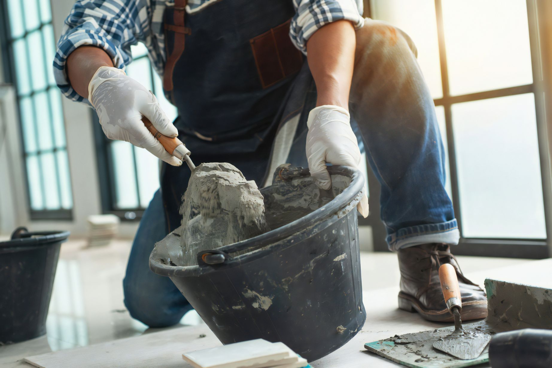 A Man Is Mixing Cement in A Bucket with A Trowel — Cemak Constructions in Macksville, NSW