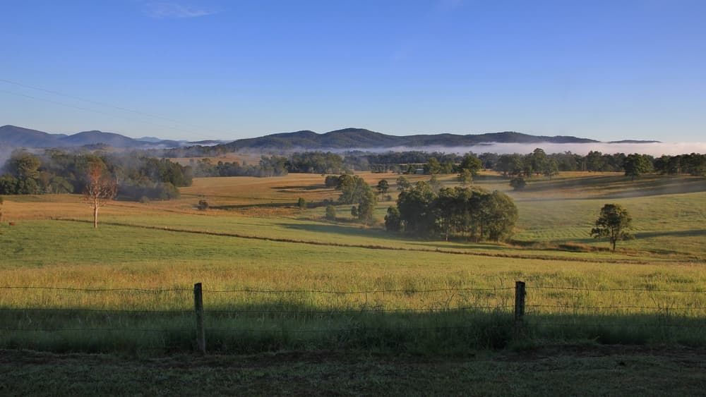 A Fence Surrounds a Grassy Field with Mountains in The Background — Cemak Constructions in Wauchope, NSW