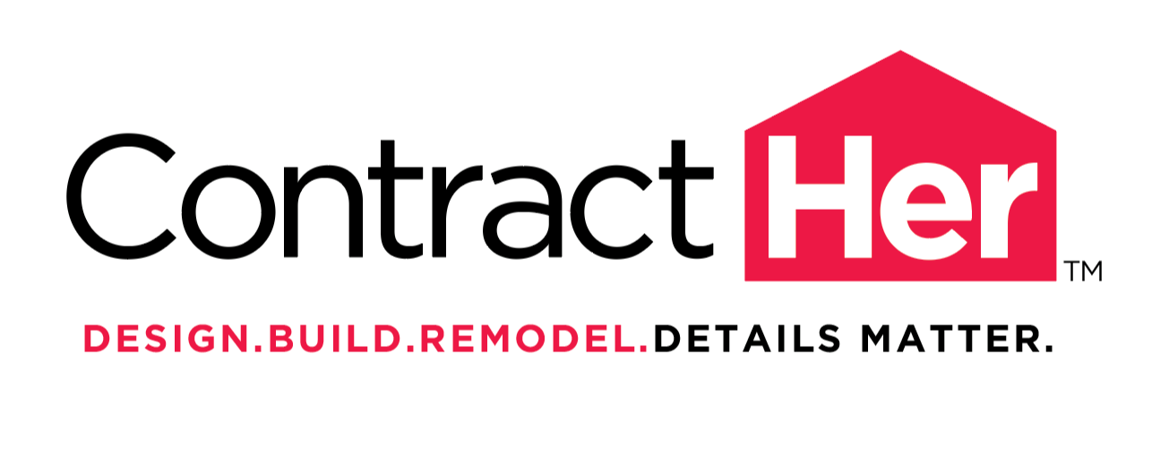 Contract Her logo in black and pink with tagline &ldquo;Design. Build. Remodel. Details Matter.&rdquo;