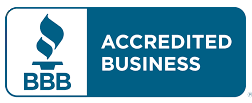 BBB Accredited Business logo in blue and white with a torch icon and bold text.