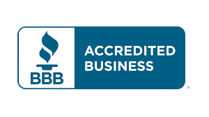 BBB Accredited Business logo in blue and white with torch icon