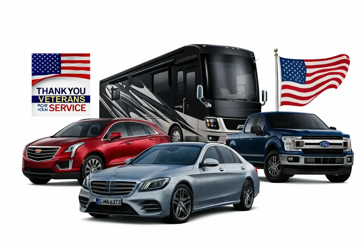 Thank you veterans service ad with four vehicles and American flags on a white background