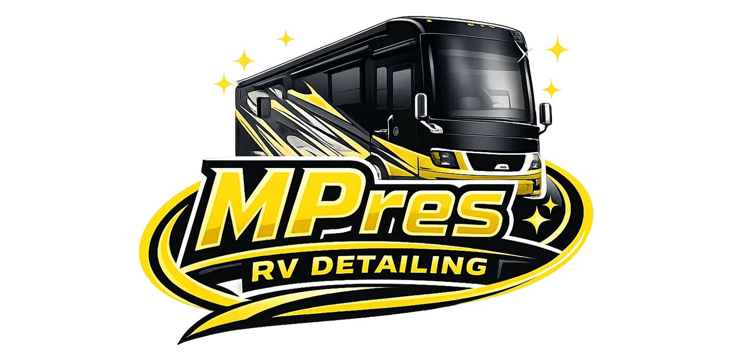 MPres RV Detailing logo with a black RV and yellow accents on a black-and-yellow oval badge