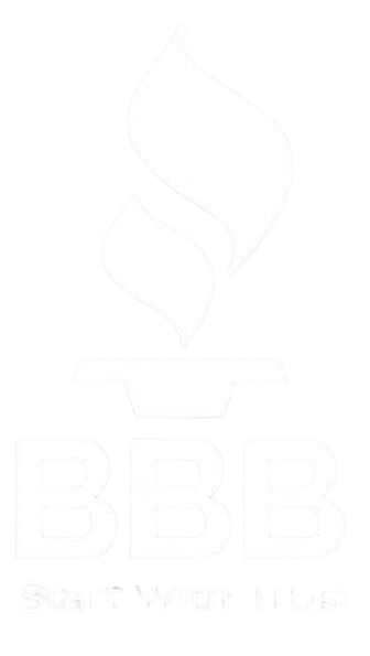 Very faint white BBB logo with a stylized flame above the letters on a white background