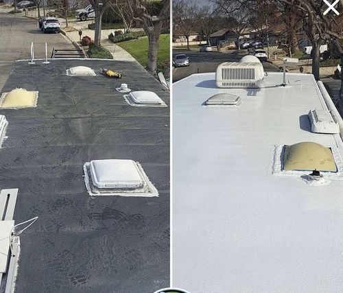 Split view of a flat roof before and after coating, with vents and skylights on a residential building.