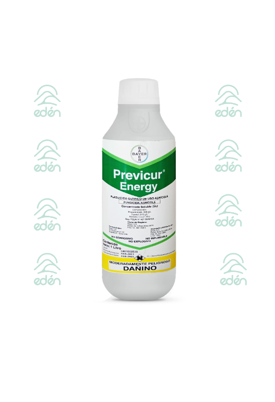 Botella de pesticida Previcur Energy, blanca con etiqueta verde y amarilla sobre fondo liso.