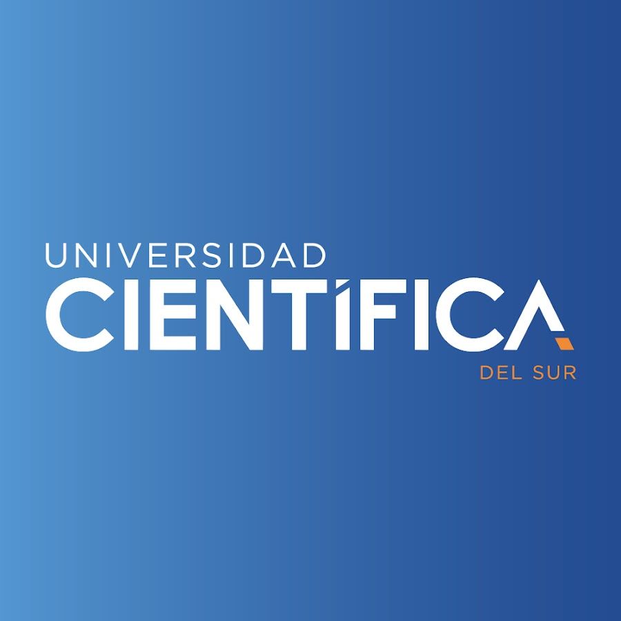 Logo de la Universidad Científica del Sur en blanco sobre fondo azul.