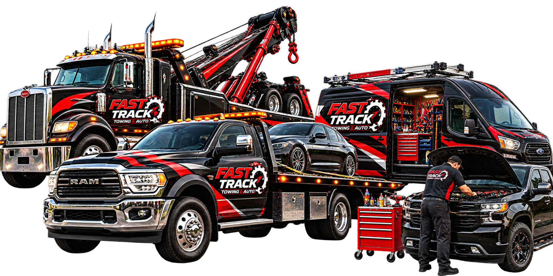 Fast Track Towing & Auto fleet: heavy-duty wrecker, flatbed tow truck and mobile service van with a mechanic working on a pickup