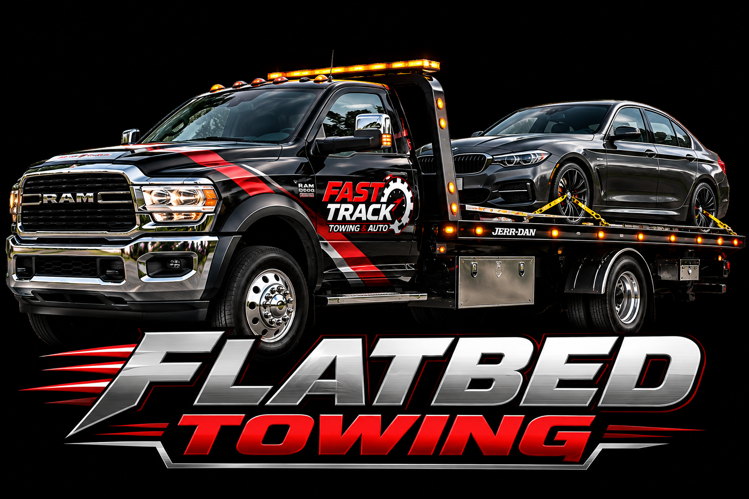 Fast Track flatbed tow truck carrying a car in Chicagoland