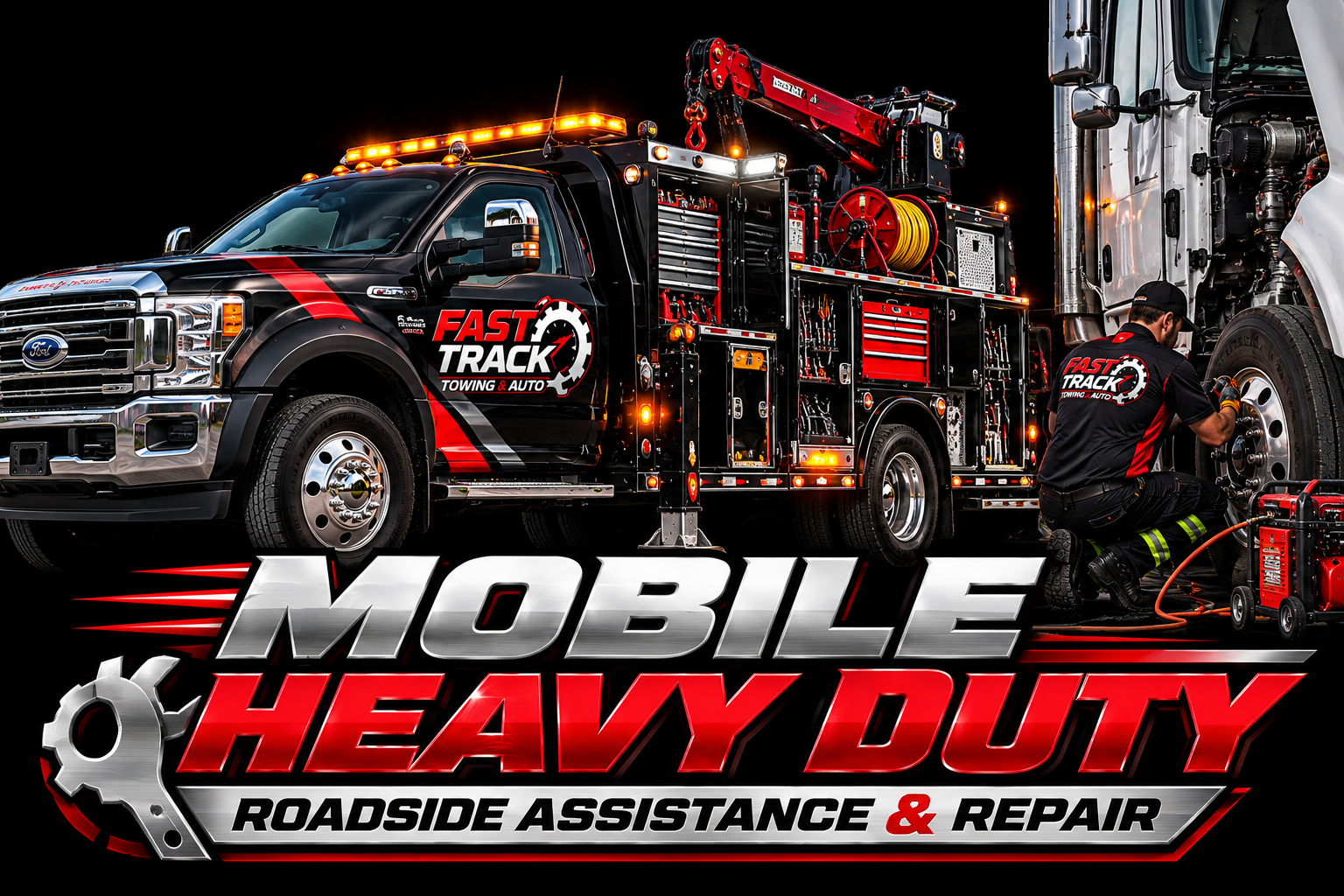 Fast Track mobile service truck doing heavy-duty roadside repair on a semi