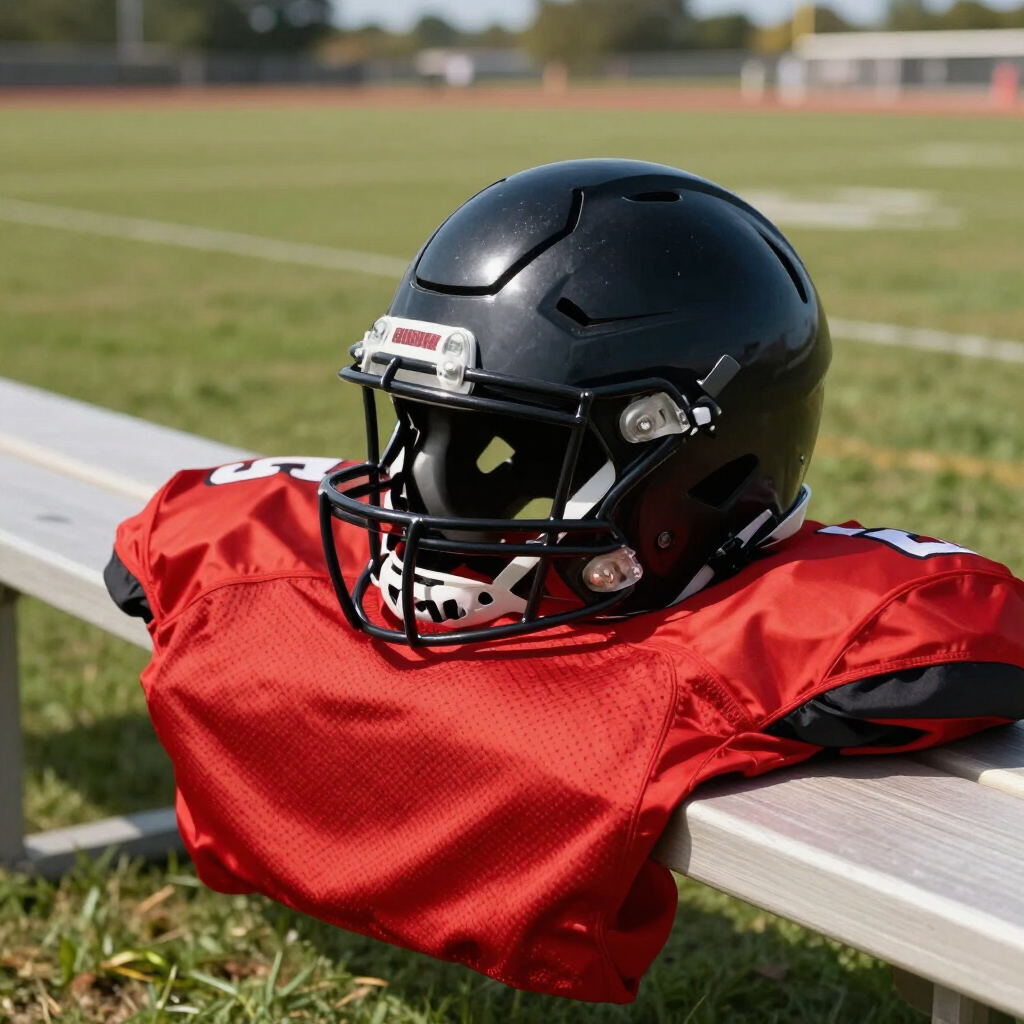 Black football helmet and red jersey draped over a bench on a field sideline