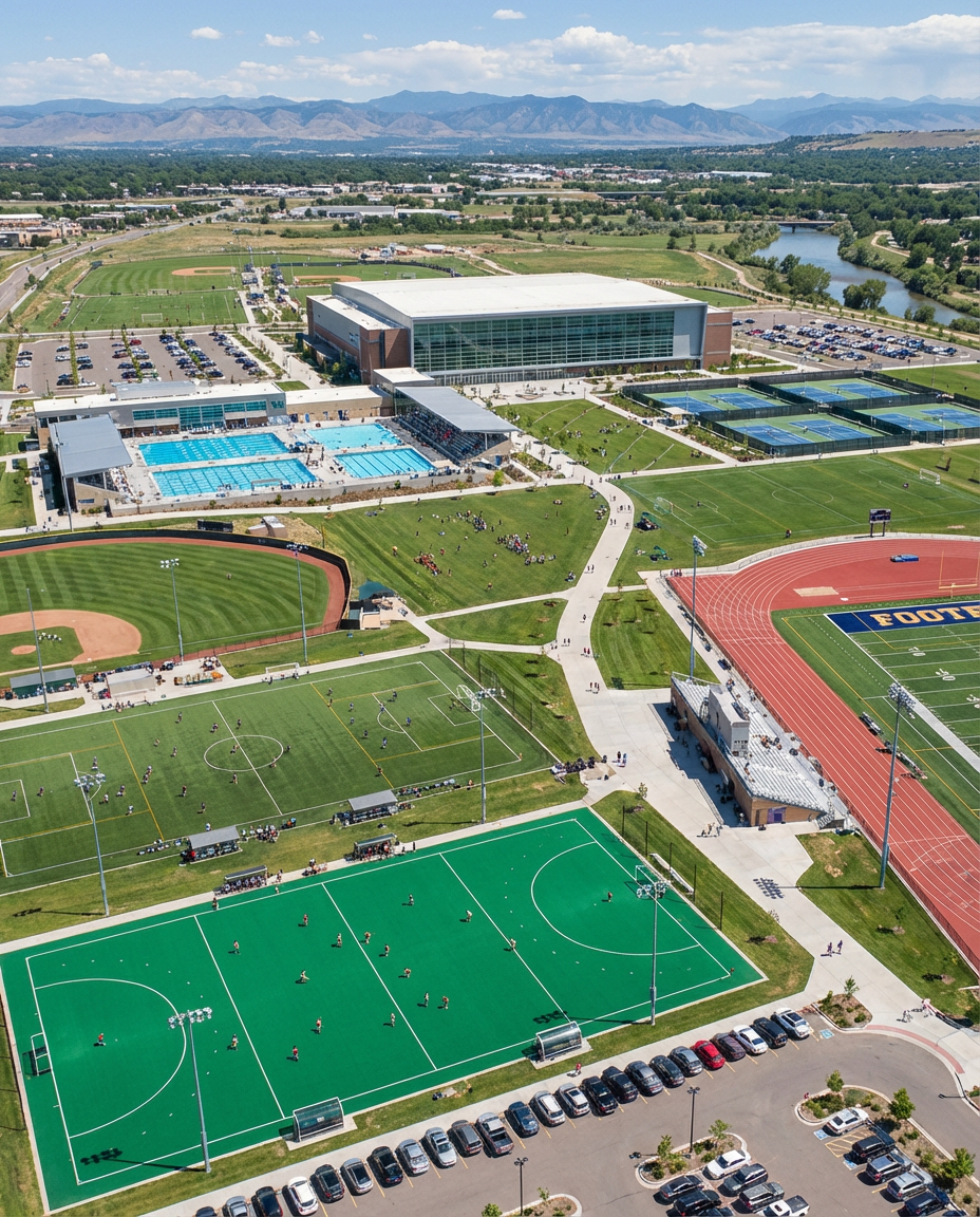 Aerial view of a sports complex with football field, track, swimming pool, and multiple outdoor courts