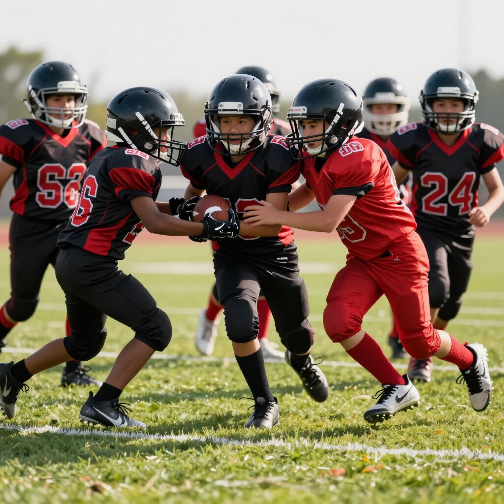 Youth football players in red and black uniforms tackling during a game on a grassy field