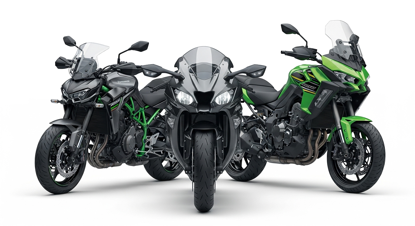 Três motocicletas Kawasaki: preta, verde e verde-preta, sobre um fundo branco.