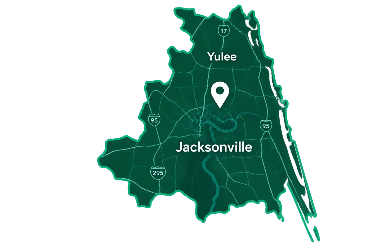 Map showing Jacksonville and Yulee with a location pin, in dark green on a light background