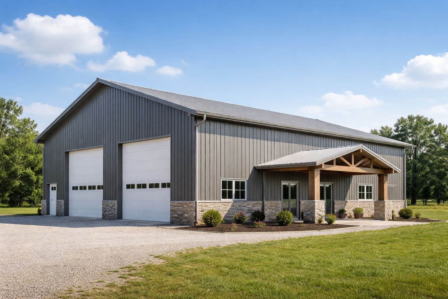 Gray metal barn with two garage doors and a small porch on a grassy lot under a blue sky