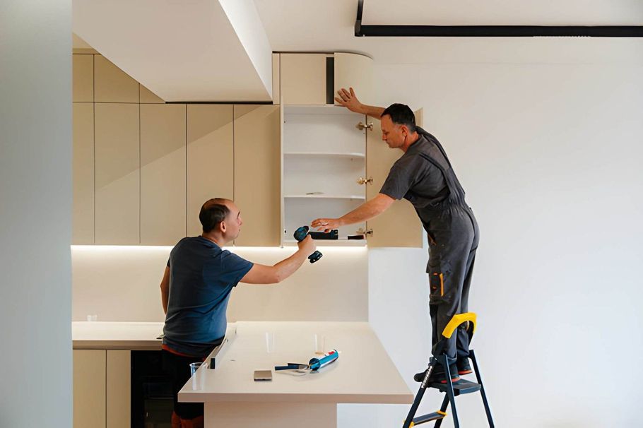 Two workers install white cabinets in a bright kitchen, one on a step ladder.