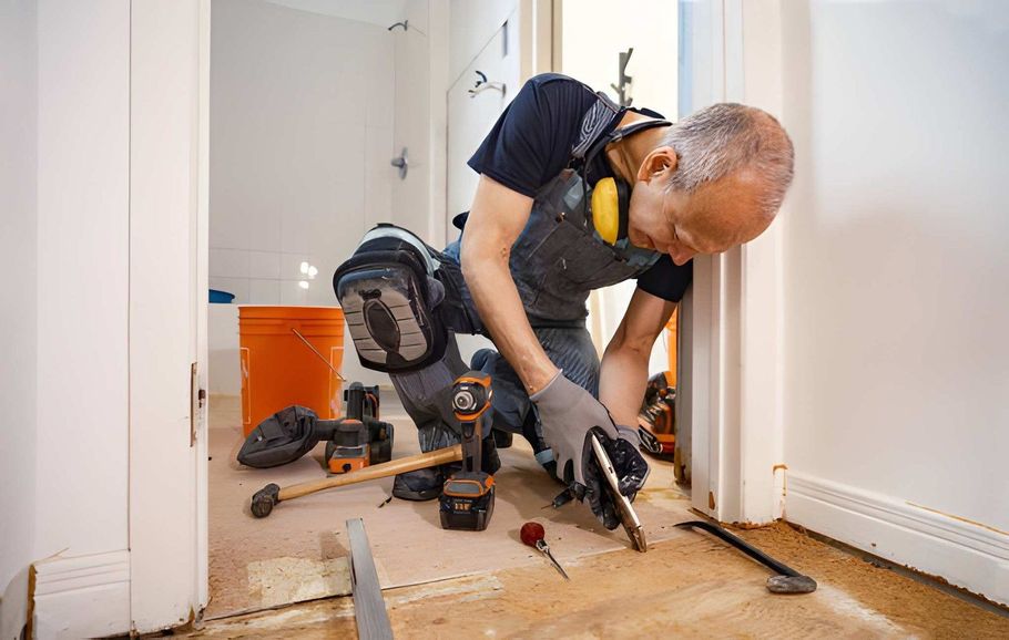 Worker using a drill to install flooring in a hallway, with tools scattered on the floor.