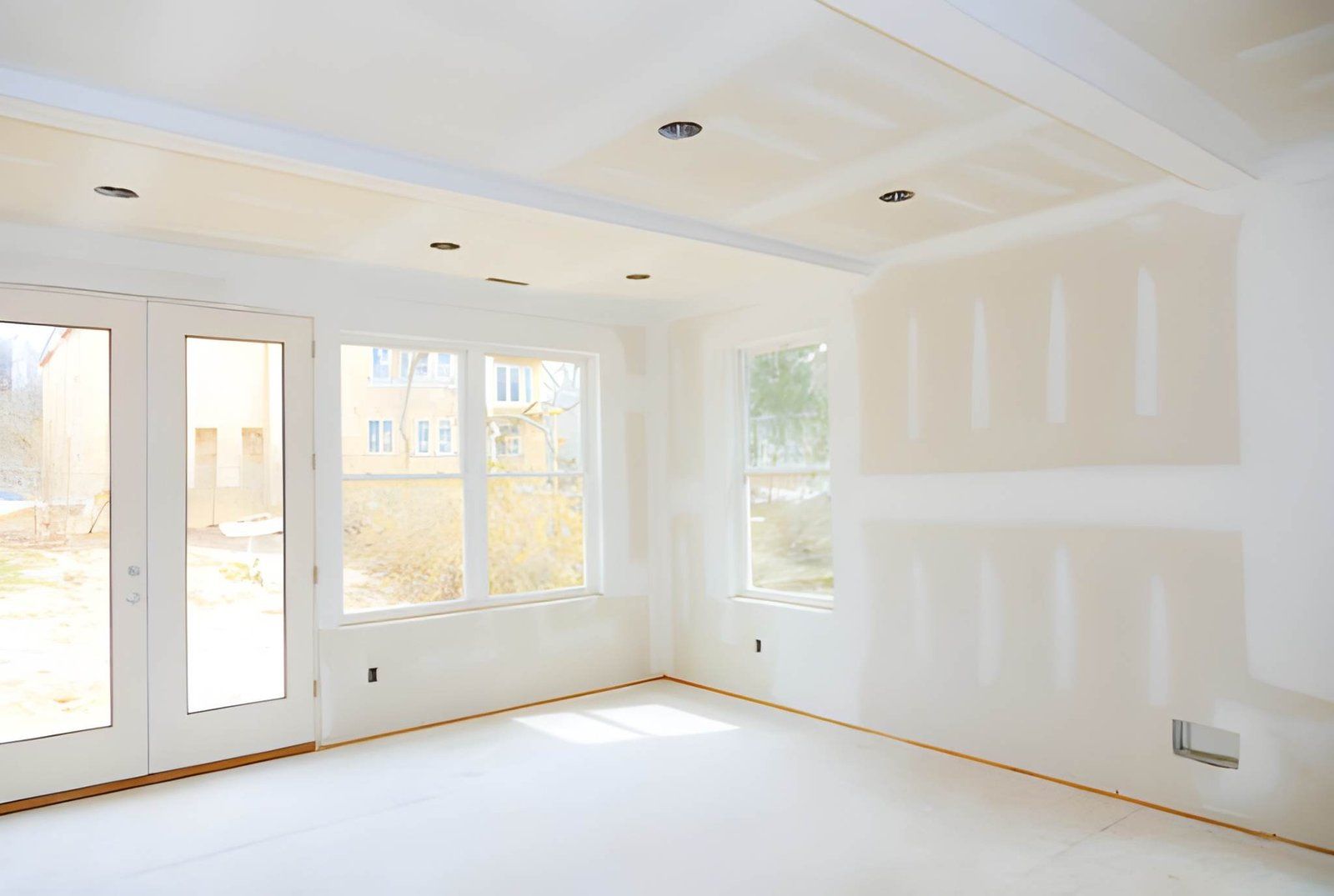 Bright empty room with white walls, large windows, and light wood flooring.