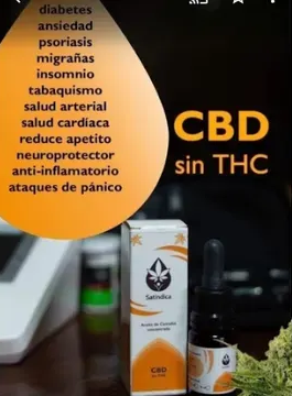 Publicidad de CBD sin THC con frasco blanco y texto sobre beneficios para salud y ansiedad